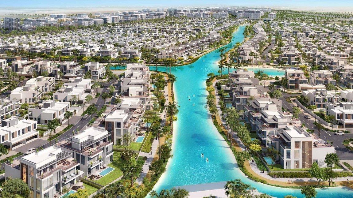 Aerial view of the South Bay crystal lagoon with villas on both banks