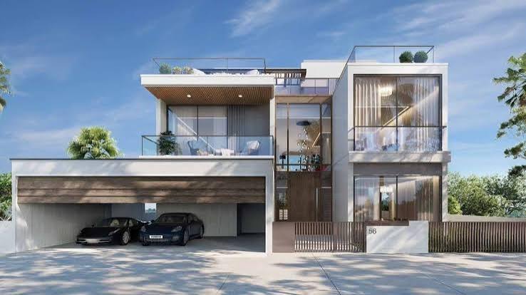 Street elevation of a South Bay villa with covered parking and roof terrace
